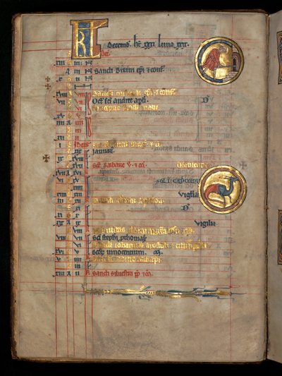 Ms 322 f.6v, Décembre, un homme plaçant des pains dans un four, illustration du 